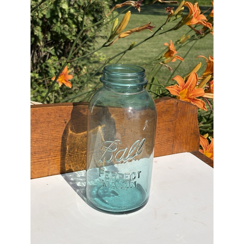 Antique Half Gallon Blue Aqua Ball Perfect Mason Jar "1" 10.25" Tall 1923-1933